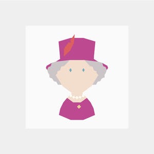 May include: A stylized graphic illustration of a figure wearing a magenta hat with a red feather accent, grey hair, a white pearl necklace, and a magenta garment with a small yellow square detail, all rendered in a flat, geometric, minimalist design.