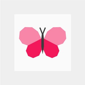Puede incluir: Una mariposa geométrica rosa y roja con alas negras.