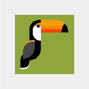 Pode incluir: Um tucano com um corpo preto e branco e um grande bico laranja com uma faixa azul. O tucano está sobre um fundo verde.