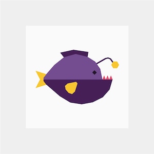 Pode incluir: Uma ilustração de desenho animado de um peixe-pescador roxo com uma isca amarela e uma boca rosa. O peixe tem uma barbatana amarela e um olho preto.
