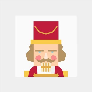 May include: A cartoon illustration of a nutcracker with a red hat, a gold trim, a white shirt, a red jacket, and a gold mustache.