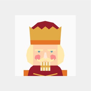 May include: A cartoon illustration of a nutcracker with a red and gold crown, a red and gold uniform, a blonde beard, and a mustache.