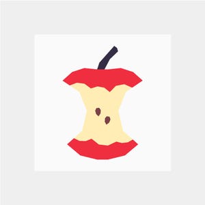 May include: A red apple core with a black stem and two brown seeds. The apple core is a simple illustration of a bitten apple.