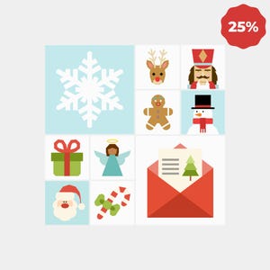 May include: A square graphic featuring a large white snowflake, a reindeer, a nutcracker, a gingerbread man, a snowman, a green gift with a red bow, an angel, Santa Claus, a candy cane, and a red envelope containing a card with a tree.