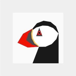 Pode incluir: Ilustração geométrica de um papagaio-do-mar com um bico vermelho, preto, branco e amarelo e uma cabeça preta e branca.