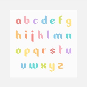 May include: A colourful alphabet with each letter in a different pastel colour. The letters are in a bold, blocky font.