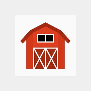 Pode incluir: Um celeiro vermelho com uma porta branca e duas janelas. A porta tem um padrão em X branco.