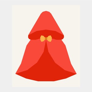 Könnte beinhalten: Ein roter Kapuzenmantel mit einer gelben Schleife am Hals. Der Umhang hat eine kräftige, einfarbige rote Farbe und ein einfaches, geometrisches Design. Die Kapuze ist dreieckig und der Umhang fällt in einer breiten, fließenden Form.