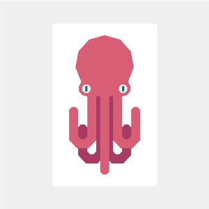 May include: A pink cartoon octopus with green eyes. The octopus has four tentacles on each side of its body.