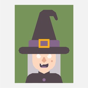 Pode incluir: Uma ilustração de desenho animado de uma bruxa com um chapéu roxo e amarelo, cabelo branco e um sorriso travesso sobre um fundo verde.