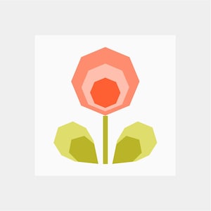 Pode incluir: Uma flor geométrica estilizada com um centro rosa e laranja e folhas verdes.