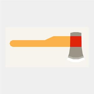 Pode incluir: Ilustração vetorial de um machado. A cabeça do machado é cinza com uma seção vermelha e uma lâmina branca. O cabo é laranja. O machado está sobre um fundo creme.