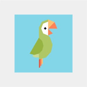 May include: A geometric illustration of a parrot with a light green body, white and orange beak, and a black eye. The bird is set against a light blue square background.