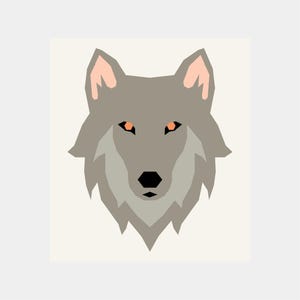 May include: Geometric illustration of a wolf's head. The artwork features a gray wolf with orange eyes, pink inner ears, and a black nose. The wolf is set against a cream-colored background, with a minimalist, polygonal design.