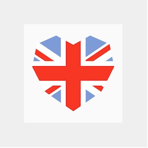 May include: A heart-shaped graphic featuring the Union Jack flag design. The emblem displays a bold red cross and diagonal stripes set against a light blue background, all contained within a geometric heart outline with sharp, angular edges.