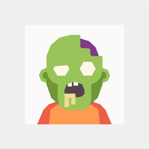 May include: A cartoon zombie with green skin, a purple brain showing, and a yellow drool. The zombie is wearing an orange shirt.