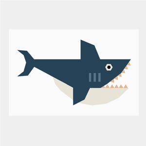 May include: A blue cartoon shark with a white belly and open mouth with sharp teeth. The shark has a black eye and three white lines on its body.