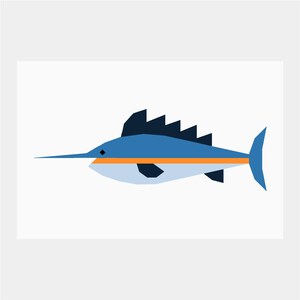 Peut inclure: Illustration géométrique d'un marlin bleu. Le poisson présente un long museau pointu, une nageoire dorsale avec des formes triangulaires et une bande orange le long du corps. Le fond est blanc.