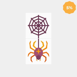 May include: A graphic illustration featuring a dark purple spider web positioned above a purple spider with orange legs and a yellow plus sign on its back. The design is presented on a white rectangular background with a yellow badge displaying 5%.