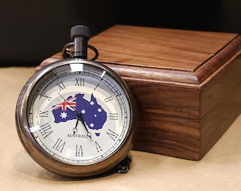 Australia Flag Pocket Watch | Buy with box or leather case | Fully customisable | Engrave with picture/handwriting/message | Ships from Aus