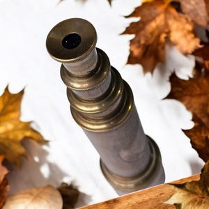 Puede incluir: Un telescopio de latón con cuerpo de madera y lente negra. El telescopio está rodeado de hojas de otoño.