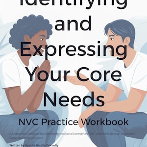 May include: A book cover with the title "Identifying and Expressing Your Core Needs." The cover features illustrations of two people in conversation. The text "NVC Practice Workbook" is also displayed. The book is a guide for emotional honesty and self-awareness.