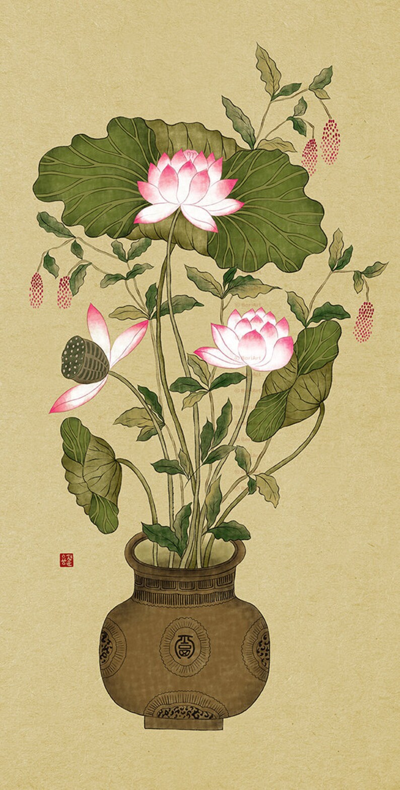 Lotus Flower Painting Minhwa Korean Folk Painting Korean Etsy