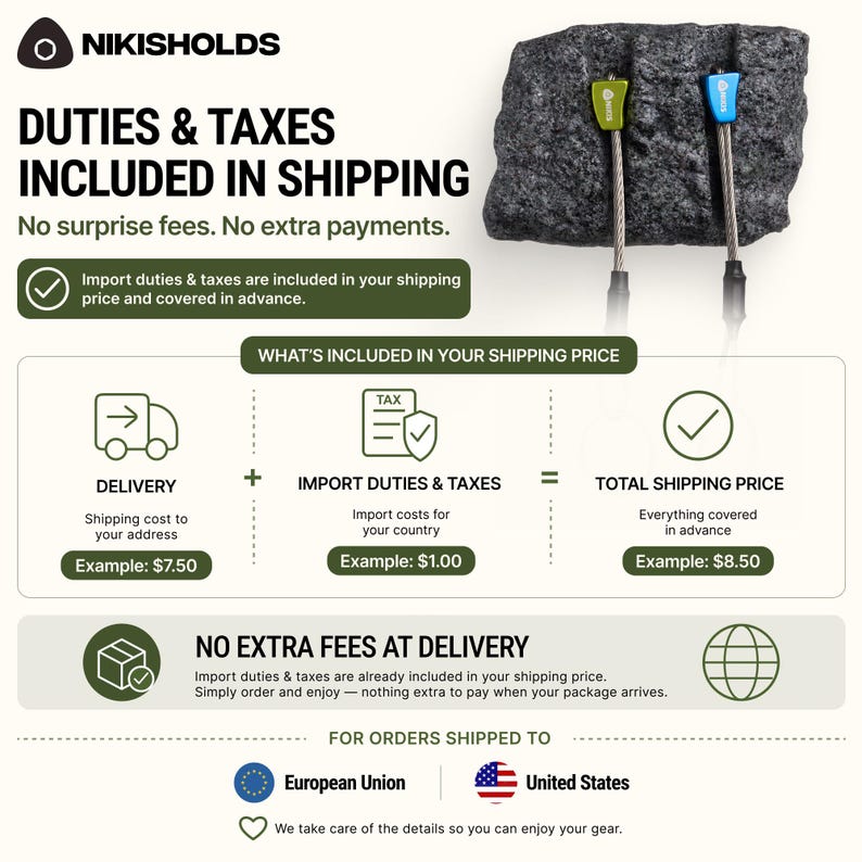 May include: An infographic titled NIKISHOLDS featuring two climbing nuts, one green and one blue, inserted into a dark grey rock texture. The text explains that import duties and taxes are included in the shipping price for the European Union and the United States, with visual examples showing delivery costs and total shipping price calculations.