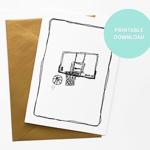 Cartão em branco para impressão de basquete, arte esportiva de bola e aro, cartão comemorativo, arquivo digital de 5 x 7 polegadas, download instantâneo