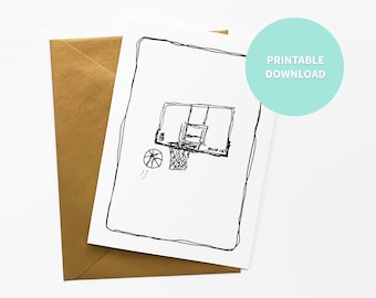 Basketball Printable Blank Card, Ball & Hoop Sport Art, Greeting Card, 5 x 7 inch digital file Instant Download