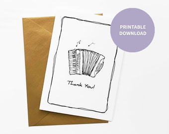 Accordion Printable Thank You Card, Kids Musical Instrument Thank You Card Art for Music Teacher, 5 x 7 inch digital file Instant Download