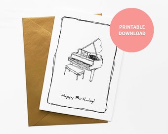Grand Piano Printable Birthday Card, Musical Instrument Illustration for Pianist or Music Teacher, 5 x 7 inch digital file Instant Download
