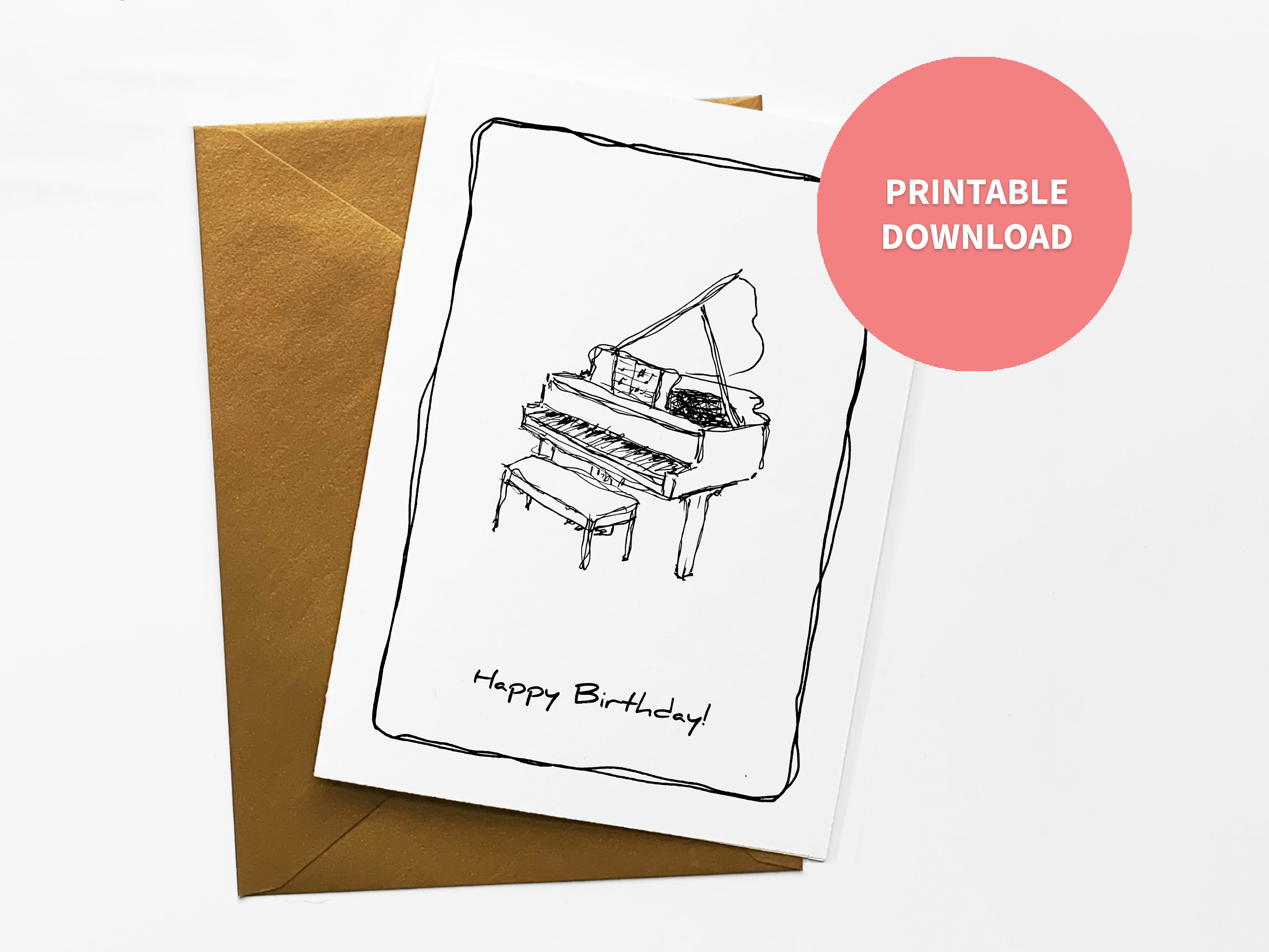 Grand Piano Printable Birthday Card, Musical Instrument Illustration ...