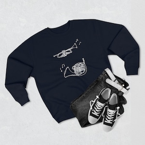 Trumpet and French Horn Musical Instrument Artwork Crewneck Sweatshirt | Perfect Unique Gift for Him or Her Band & Concert Musician