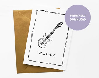 Electric Guitar Printable Thank You Card for Music Teacher, Rock Band Musical Instrument Art, 5 x 7 inch digital file | Instant Download