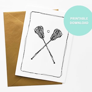 Lacrosse druckbare leere Karte, Ball & Stöcke Sport Art, Grußkarte, 5 x 7 Zoll digitale Datei Sofortiger Download