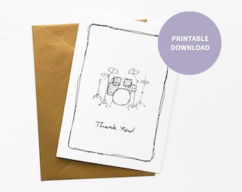 Drum Set Printable Thank You Card for Music Teacher, Kids Rock and Roll Musical Instrument Art, 5 x 7 inch digital file Instant Download