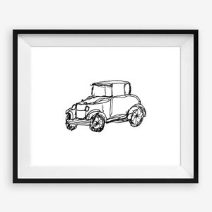 May include: Black and white sketch of a vintage car, framed in a black border. The artwork depicts a classic automobile with visible wheels, headlights, and a roof. The drawing style is simple, with bold lines.