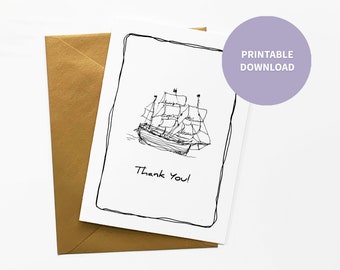 Sailing Ship Printable Thank You Card for Beach Vacation Rental, Coastal, Nautical Illustration, 5 x 7 inch digital file Instant Download