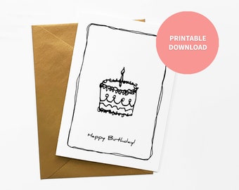 Cake Printable Birthday Card, Baby's First Birthday Quirky Illustration for Turning One, 5 x 7 inch digital file Instant Download