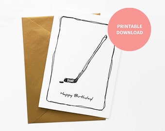 Hockey Stick Printable Birthday Card, NHL Puck Sport Illustration for Teen Boy, Coach, Dad 5 x 7 inch digital file Instant Download