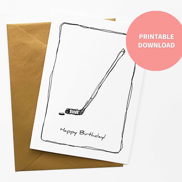 Hockey Stick Printable Birthday Card, NHL Puck Sport Illustration for Teen Boy, Coach, Dad 5 x 7 inch digital file Instant Download