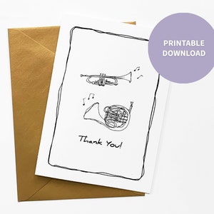 Carte de remerciement imprimable trompette et cor français pour professeur de musique, illustration d'instrument pour enfants, fichier numérique de 5 x 7 pouces Téléchargement instantané