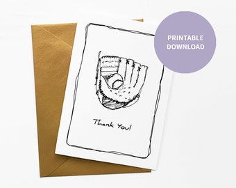 Baseball Printable Thank You Card for Coach, Team Parent, or Player | Baseball Glove Illustration 5 x 7 inch digital file | Instant Download