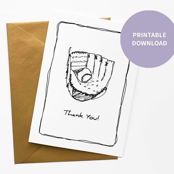 Baseball Printable Thank You Card for Coach, Team Parent, or Player | Baseball Glove Illustration 5 x 7 inch digital file | Instant Download