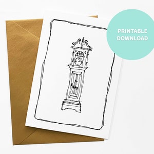 Tarjeta en blanco imprimible del reloj del abuelo, arte de ilustración, tarjeta de felicitación, archivo digital de 5 x 7 pulgadas Descarga instantánea