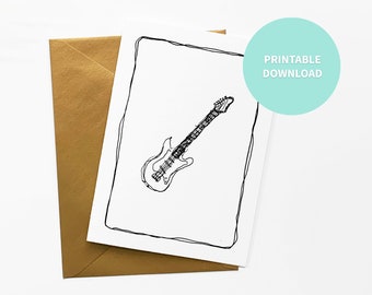 Electric Guitar Printable Blank Card, Musical Instrument, Birthday, Greeting, or Thank you Card, 5 x 7 inch digital file Instant Download