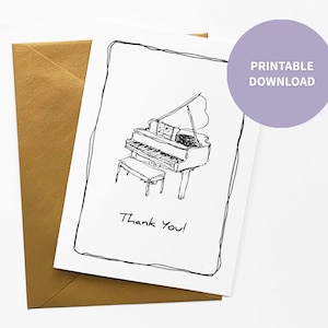 Tarjeta de agradecimiento imprimible de piano de cola para profesor de música, ilustración de instrumentos musicales para niños, archivo digital de 5 x 7 pulgadas Descarga instantánea