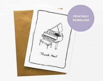 Grand Piano Printable Thank You Card for Music Teacher, Kids Musical Instrument Illustration, 5 x 7 inch digital file Instant Download