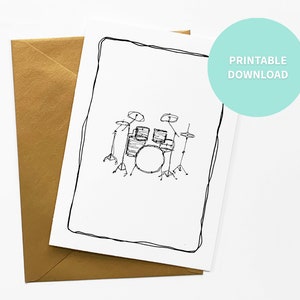 Drum Set Printable Blank Card, Musical Drummer Instrument, Greeting Card, 5 x 7 inch digital file Instant Download